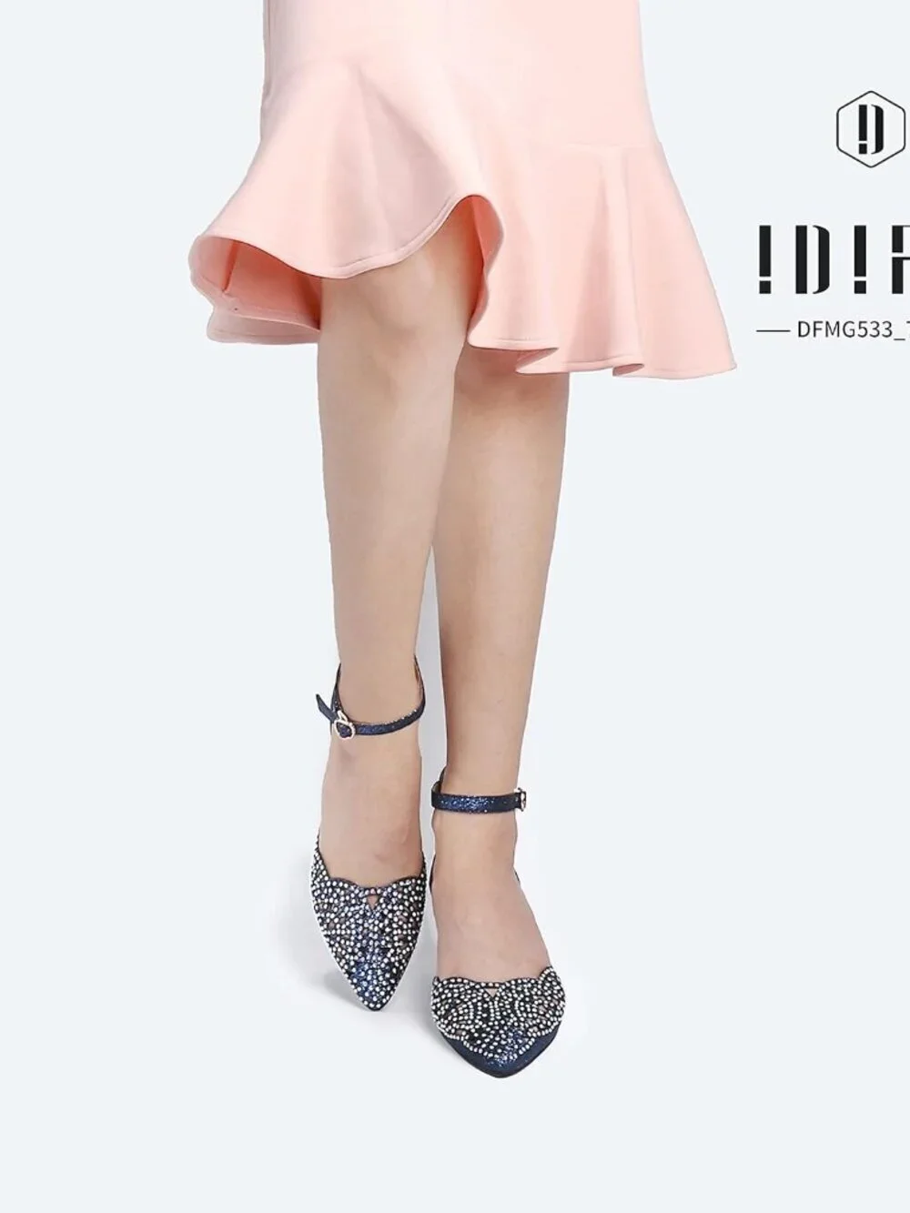 Women's Blue Glitter Rhinestones Low Kitten Heels Pumps Evening Dress Shoes